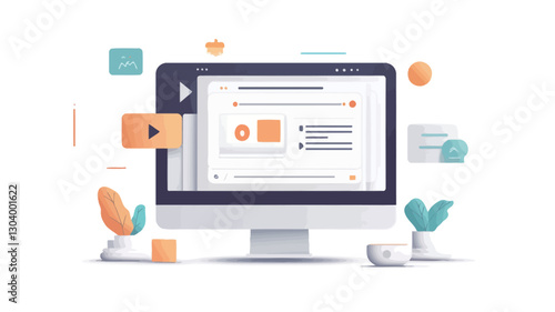 The image is a digital illustration depicting a desktop computer displaying a webpage with video and text content.  The style is flat, vector-based, with a clean and modern aesthetic.