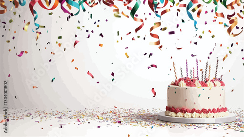 A close-up shot of a single-layered, round birthday cake with pink frosting and white icing, decorated with lit candles. The cake is positioned on a white surface against a white backdrop.