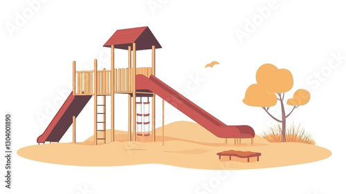 A digital illustration depicting a playground set against a simplified landscape. The main focus is a wooden playground structure featuring a red slide and ladder. There is a smaller slide