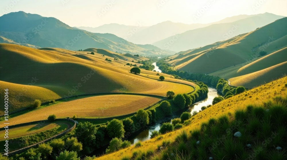 Fototapeta premium Serene valley landscape with a winding river, sunlit rolling hills, and verdant meadows, showcasing the beauty of nature's artistry.