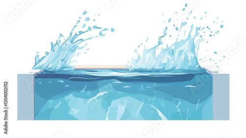 Digital illustration depicting a water splash. The image shows a light blue, translucent water surface with two distinct splashes emanating upwards. The splashes are detailed with small