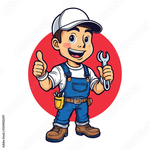 Cartoon mechanic mascot design holding a spanner vector illustration