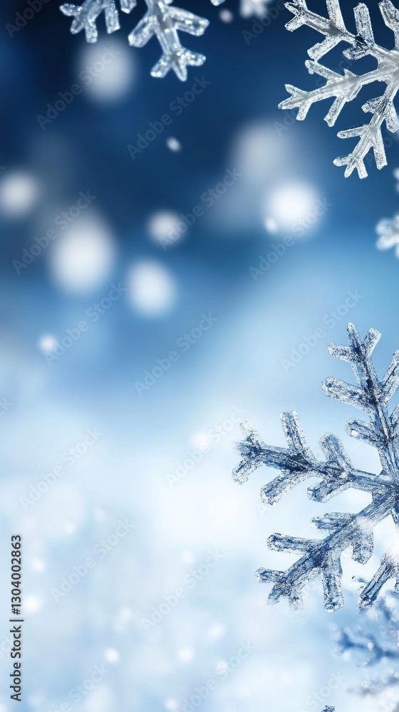 Close-up snowflakes, winter scene, bokeh background, holiday card Close-up snowflakes, winter scene, bokeh background, holiday card