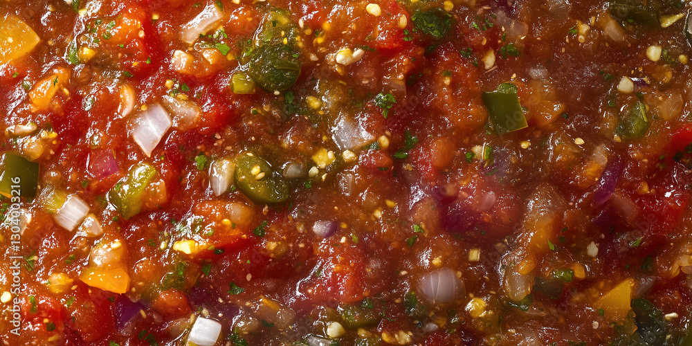 A chunky and colorful salsa sauce, macro shot, close-up texture, top view A chunky and colorful salsa sauce, macro shot, close-up texture, top view