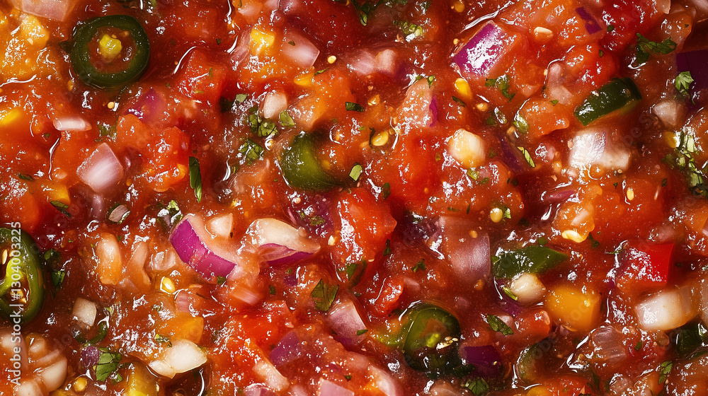 A chunky and colorful salsa sauce, macro shot, close-up texture, top view