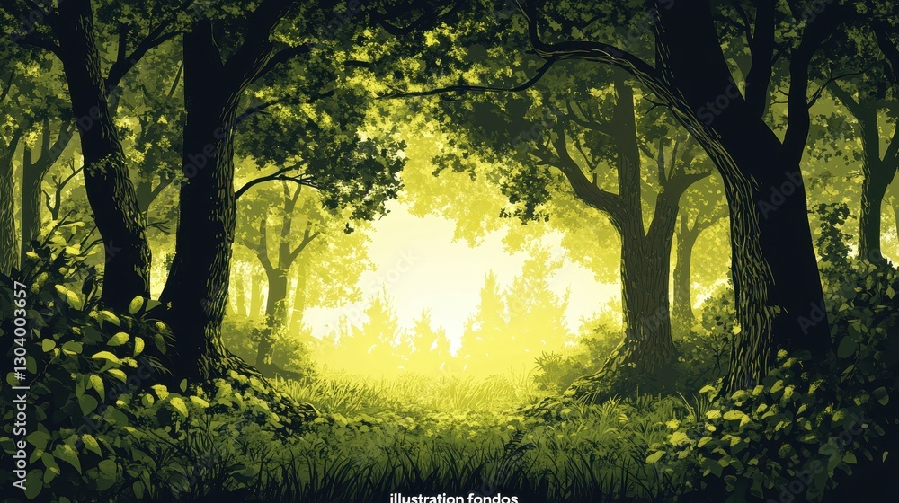 A detailed illustration of a dense forest with bright light A detailed illustration of a dense forest with bright light