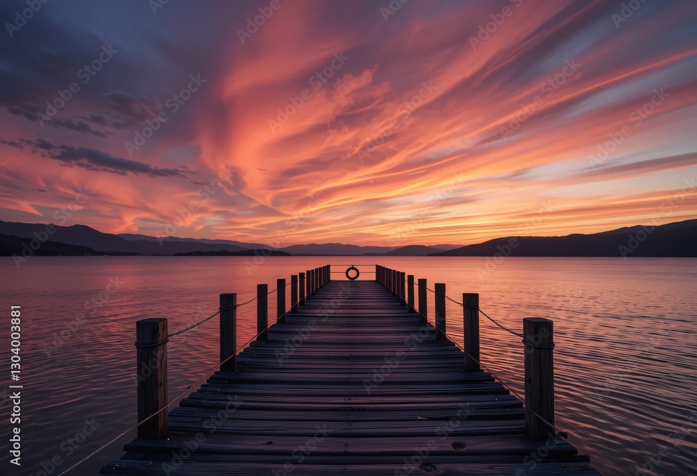 Serene Lake Scene. Wooden Pier At Sunset. Mountains Silhouette. Vibrant Sky Reflecting On Calm Water. Life Ring Adds Safety. Peaceful Lakeside View. Stunning Nature. Serene Lake Scene. Wooden Pier At Sunset. Mountains Silhouette. Vibrant Sky Reflecting On Calm Water. Life Ring Adds Safety. Peaceful Lakeside View. Stunning Nature.
