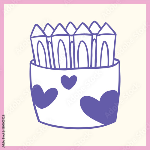 Minimalist cartoon-style illustration of a pencil holder filled with pencils, decorated with heart shapes, outlined in purple with a pastel background, Vector Illustration