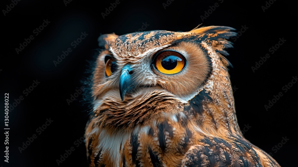 Obraz premium Close Up Of An Owl With Bright Yellow Eyes And Brown Feathers Against A Dark Background