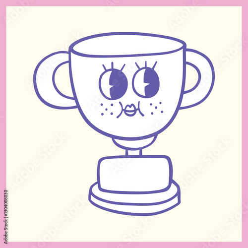 Playful cartoon-style illustration of a trophy cup with a cute expressive face, featuring large eyes and freckles, outlined in purple, Vector Illustration