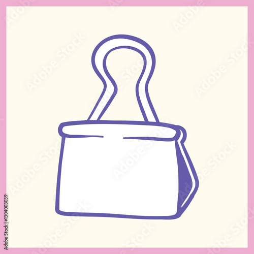 Simple cartoon-style illustration of a binder clip, outlined in purple with a pastel background, representing office supplies and organization, Vector Illustration