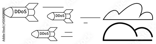 Three DDoS-labeled missiles approach stylized cloud shapes, symbolizing a cyberattack against cloud services. Ideal for cybersecurity, cloud computing threats, IT security, internet defense, data