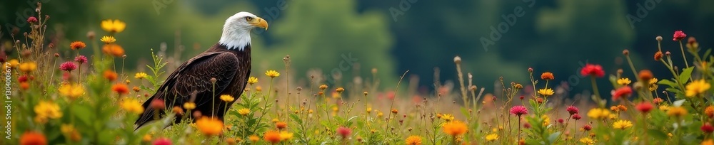 Obraz premium Majestic bald eagle surveys wildflowers, vibrant blooms surround , USA, environment