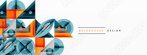 Geometric abstract composition with intersecting shapes, circles, triangles, and gradients, blending vibrant colors and dynamic contrasts to create a modern, futuristic visual design