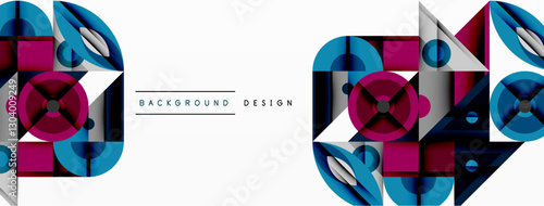 Geometric abstract composition with intersecting shapes, circles, triangles, and gradients, blending vibrant colors and dynamic contrasts to create a modern, futuristic visual design