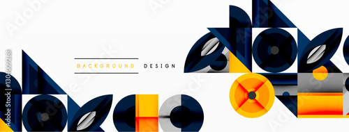 Geometric abstract composition with intersecting shapes, circles, triangles, and gradients, blending vibrant colors and dynamic contrasts to create a modern, futuristic visual design