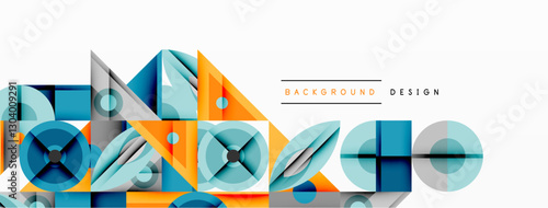 Geometric abstract composition with intersecting shapes, circles, triangles, and gradients, blending vibrant colors and dynamic contrasts to create a modern, futuristic visual design