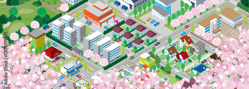 桜咲く春の街並みのイラスト. アイソメ図.