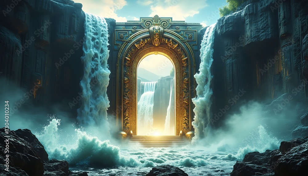Waterfall Flows Through Ornate Portal Fantasy Landscape with Light and Mist Waterfall Flows Through Ornate Portal Fantasy Landscape with Light and Mist