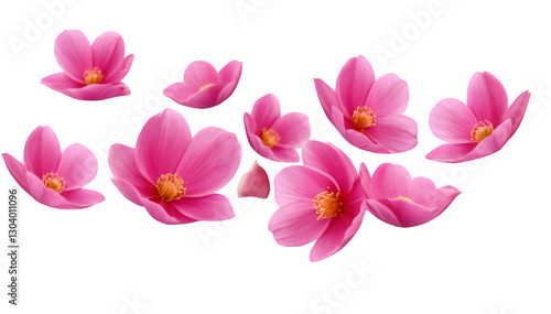 Pink petals floating in the air, set against a clear background.