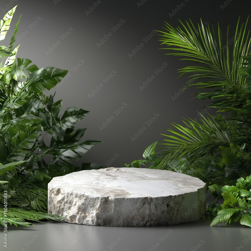 an empty white stone cylinder pedestal podium with a shadow and a palm leaf on a grey background an empty white stone cylinder pedestal podium with a shadow and a palm leaf on a grey background