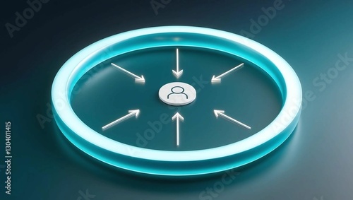 Glowing circular loop with arrows leading back to a central user profile icon, symbolizing retargeting efforts, modern dark blue-to-teal gradient background  
