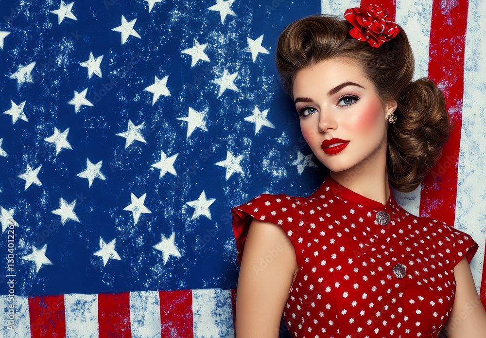 Stunning Pinup Girl in Red Polka Dot Dress against American Flag Background