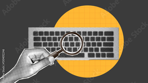 halftone collage, Digital search concept with a hand holding magnifying glass over a keyboard. Ideal for SEO, cybersecurity, data analysis, and online research