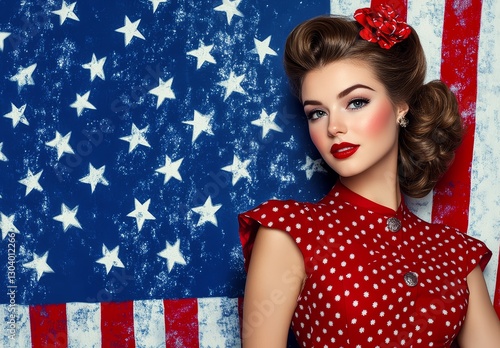 Obraz na płótnie Stunning Pinup Girl in Red Polka Dot Dress against American Flag Background w salonie