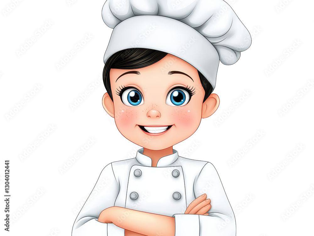 Smiling cartoon chef character in white uniform and chef hat, a culinary delight Smiling cartoon chef character in white uniform and chef hat, a culinary delight