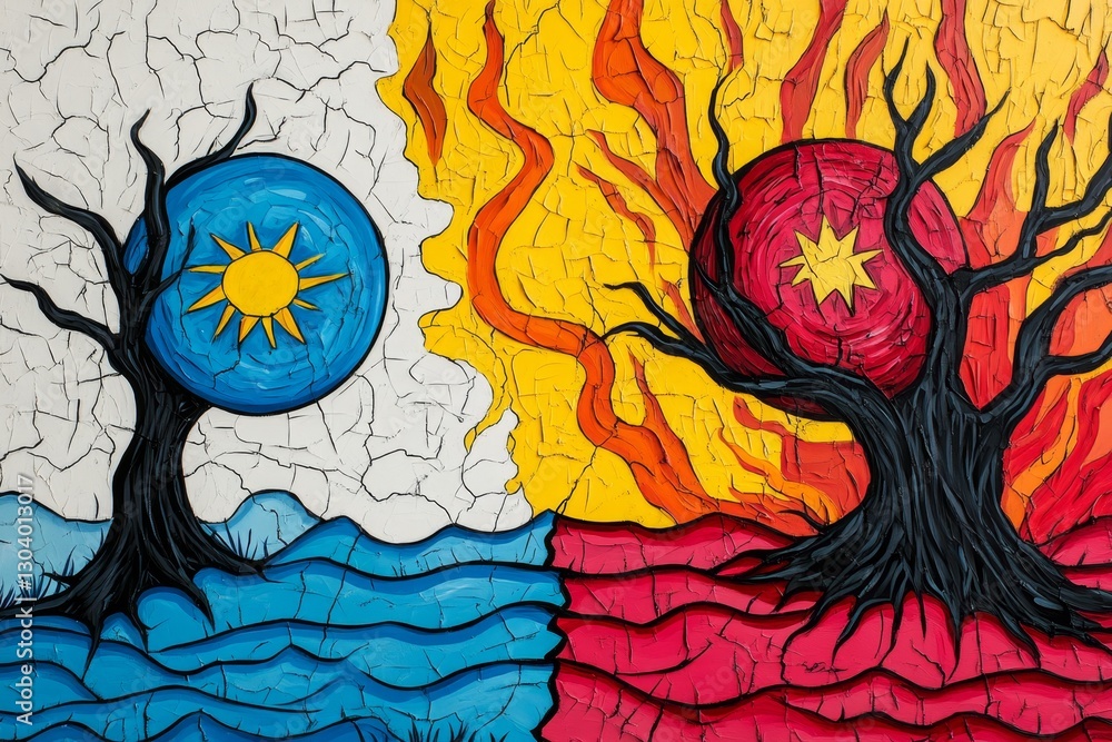 A vibrant digital painting showing two versions of Earth: one thriving, one suffering from extreme degradation A vibrant digital painting showing two versions of Earth: one thriving, one suffering from extreme degradation