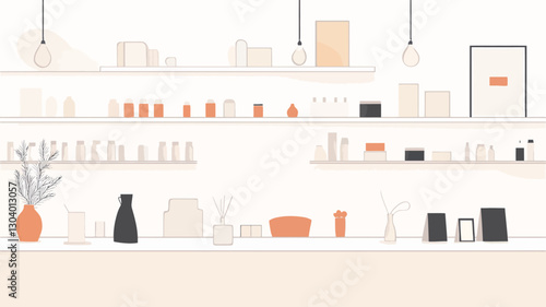 The image is a stylized illustration depicting the interior of a minimalist shop.  The scene shows multiple shelves filled with various cosmetic products and home goods in neutral colors,
