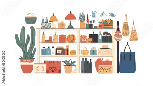 The illustration depicts a flat lay arrangement of various home goods and plants displayed on two wooden shelves against a white background.  Items include potted plants (cactus,