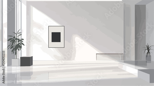 The image depicts a minimalist interior space featuring predominantly white walls and flooring.  Sunlight streams through large windows, casting shadows on the walls.  A simple black square