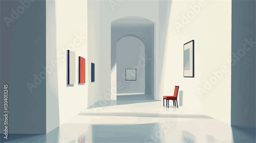 The image depicts a long, narrow gallery corridor with high, arched ceilings and pristine white walls.  The floor appears to be a polished surface reflecting light. Several minimalist