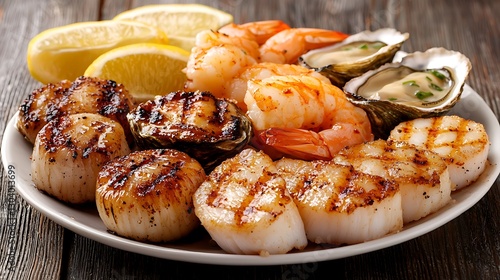 Grilled seafood platter coastal restaurant food photography rustic decor close-up view culinary delight photo