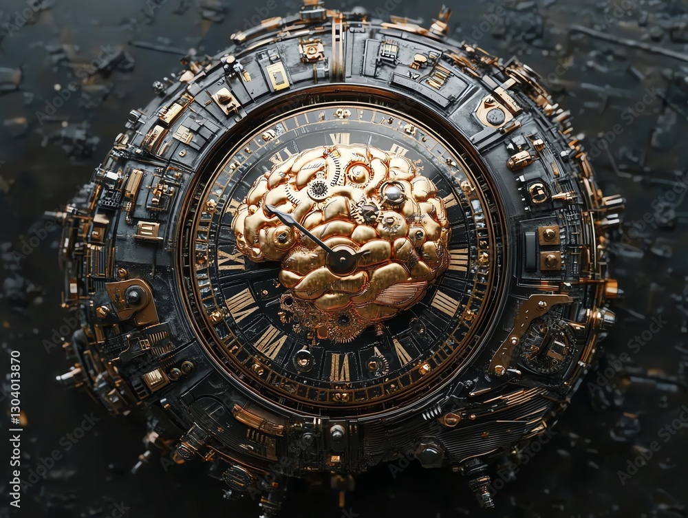 Obraz premium Brain and clock hybrid, symbolizing cognitive science and time perception, intricate digital art, surrealism, deep contrast of thought and time concepts