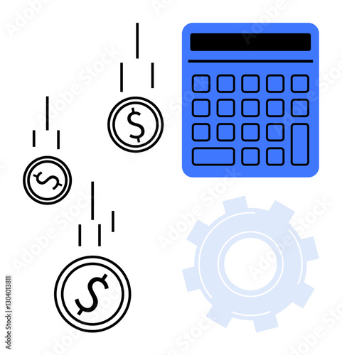 Calculator with coins dropping and gear graphic representing financial planning, economic analysis, and business optimization. Ideal for accounting, management, budgeting, strategy, fintech