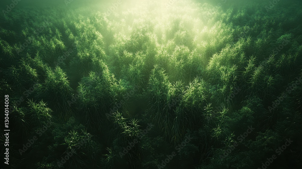 Obraz premium Dense green forest bathed in sunlight. Ideal for nature documentaries, illustrating tranquility, or mystical themes.