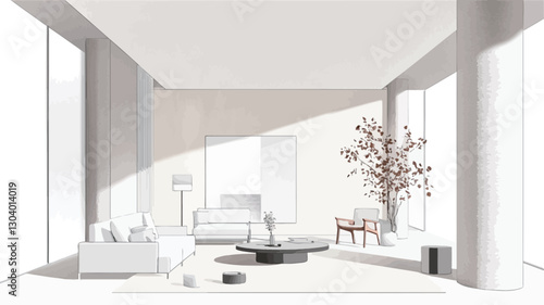 A 3D rendering of a minimalist modern living room. The room is spacious and features a neutral color palette of whites and beiges.  Large windows allow abundant natural light to flood the