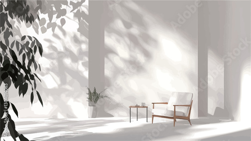 The image depicts a minimalist interior space rendered in shades of white and light beige. A single armchair and small side table are positioned in the foreground. The background features a