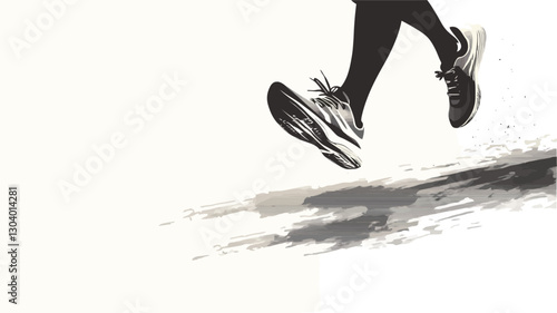 The image is a grayscale illustration depicting a close-up view of a person's legs mid-stride while running.  The focus is on the lower legs and feet, with the shoes prominently featured.