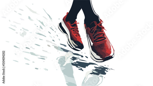 A stylized vector illustration depicting a pair of red and black running shoes splashing in a puddle of water. The shoes are mid-air, suggesting movement and action. Water droplets are