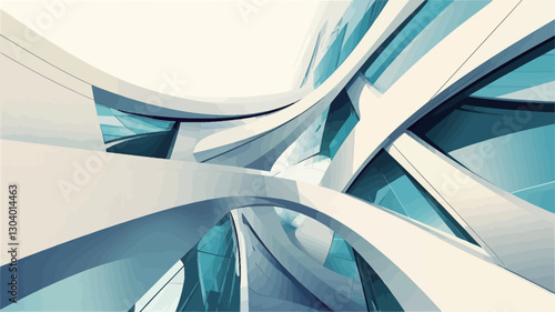 The image is a digital illustration depicting abstract architectural forms. Predominantly white and light blue, the forms are composed of smooth, curving lines and planes that intersect and