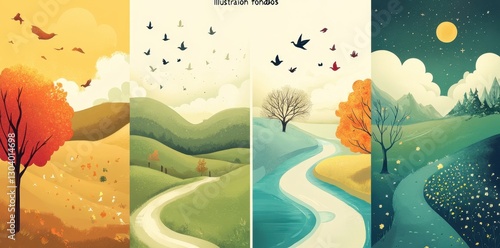 Wallpaper Mural Four Artistic Illustrations Showcasing Different Seasonal Landscape Scenes Torontodigital.ca