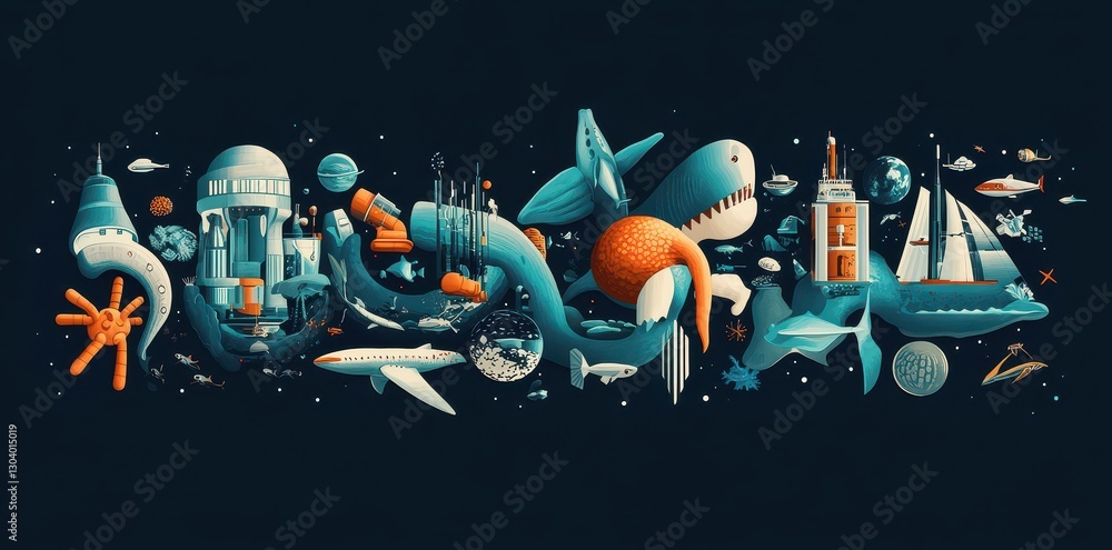 Naklejka premium An illustrative and whimsical composition of different things and creatures
