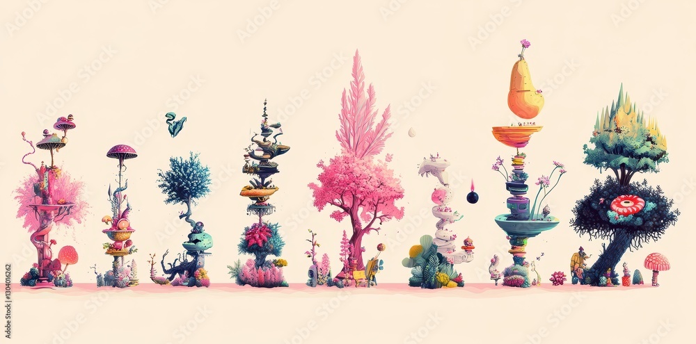 Whimsical stylized and colorful trees and vegetation lined against backdrop Whimsical stylized and colorful trees and vegetation lined against backdrop