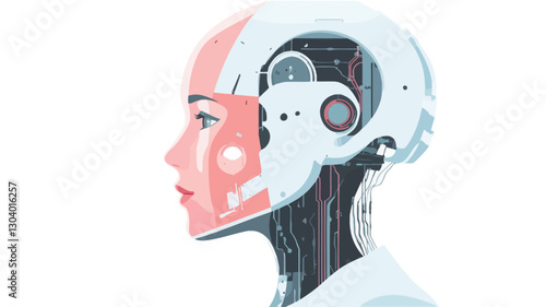A digital illustration depicting a female cyborg head in profile view.  The image is rendered in a stylized, almost graphic novel-like manner.  One side of the face shows human-like skin