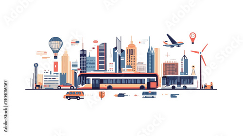 A vector illustration depicting a stylized cityscape with various buildings of different heights and architectural styles.  The illustration features a prominent bus in the foreground,