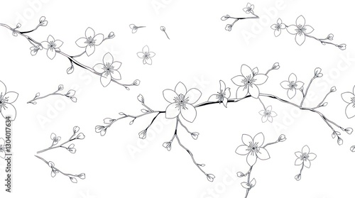 Cherry Blossom Branch Sketch Seamless Pattern Floral Design Element